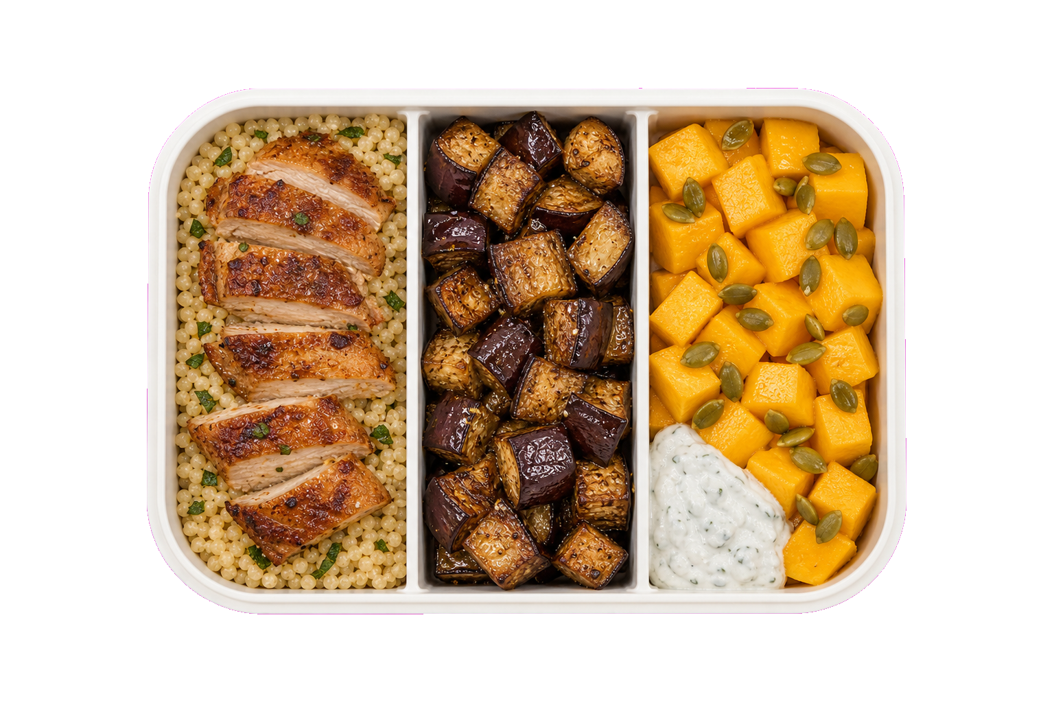 Chicken Eggplant Couscous Mango Lunch