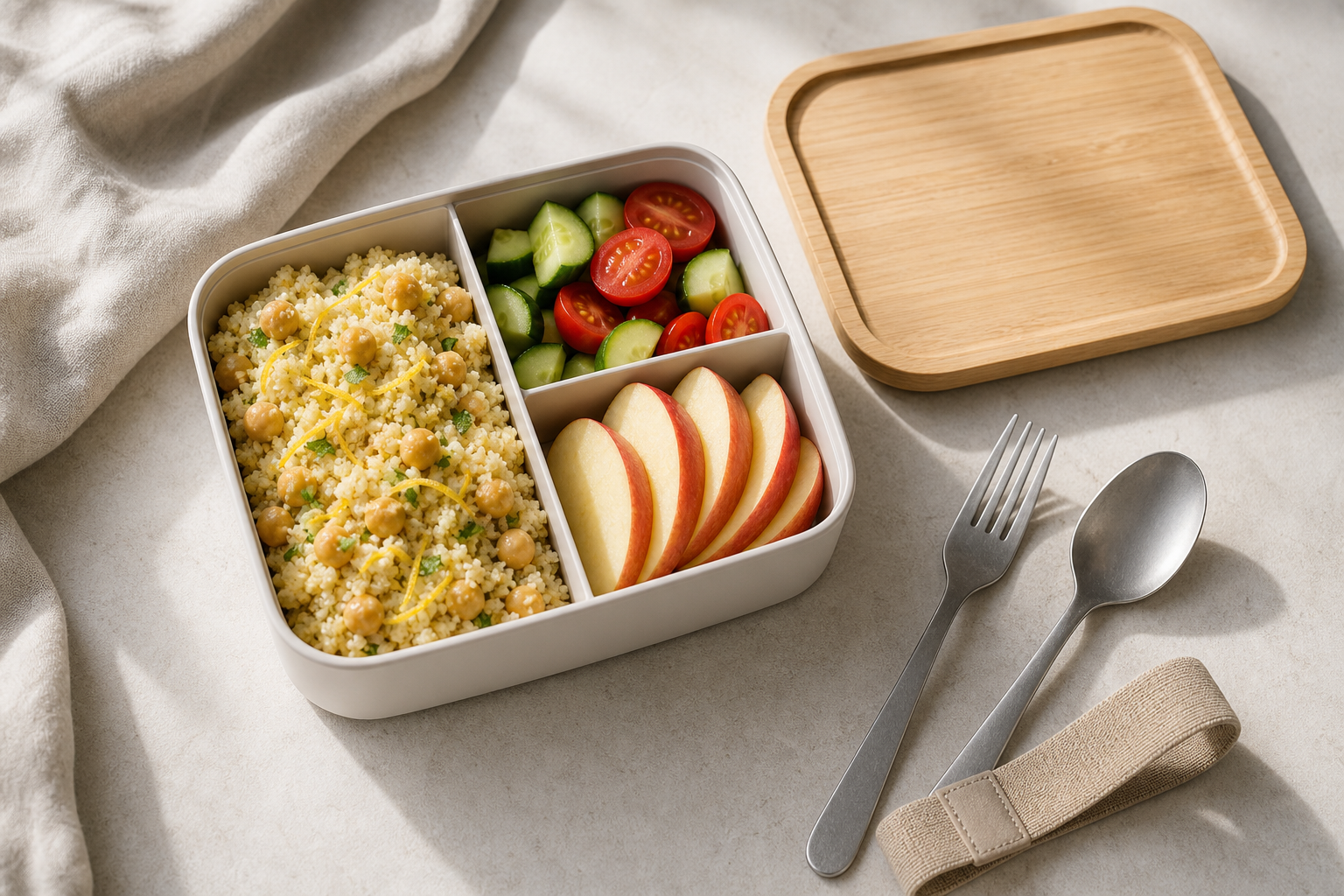 Open three-compartment bento packed with chickpea couscous, cucumber and tomatoes, and apple slices, with a wood lid, cutlery and strap beside it.