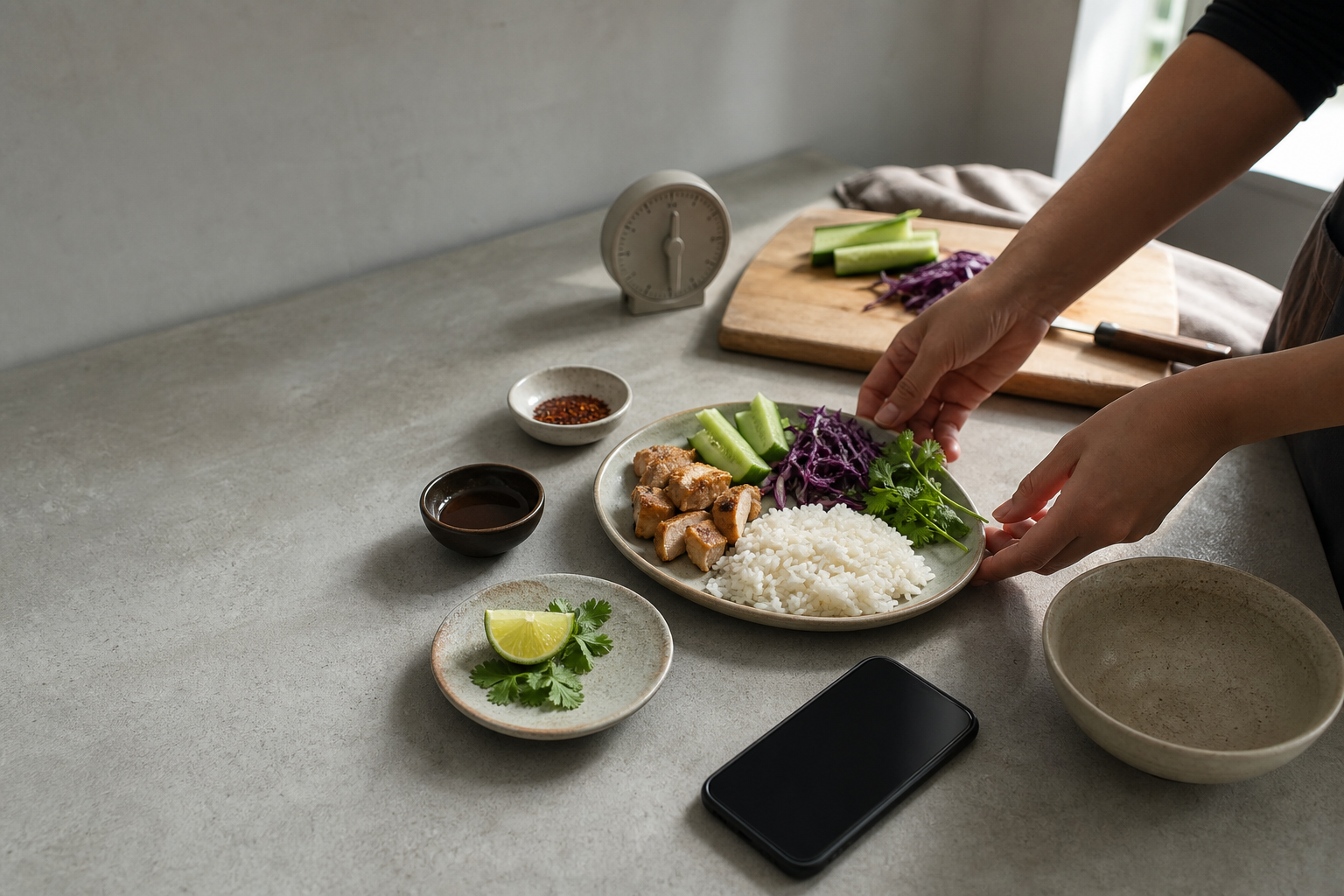 Hands organising a small set of dinner ingredients beside an unbranded phone and one serving bowl on a kitchen counter