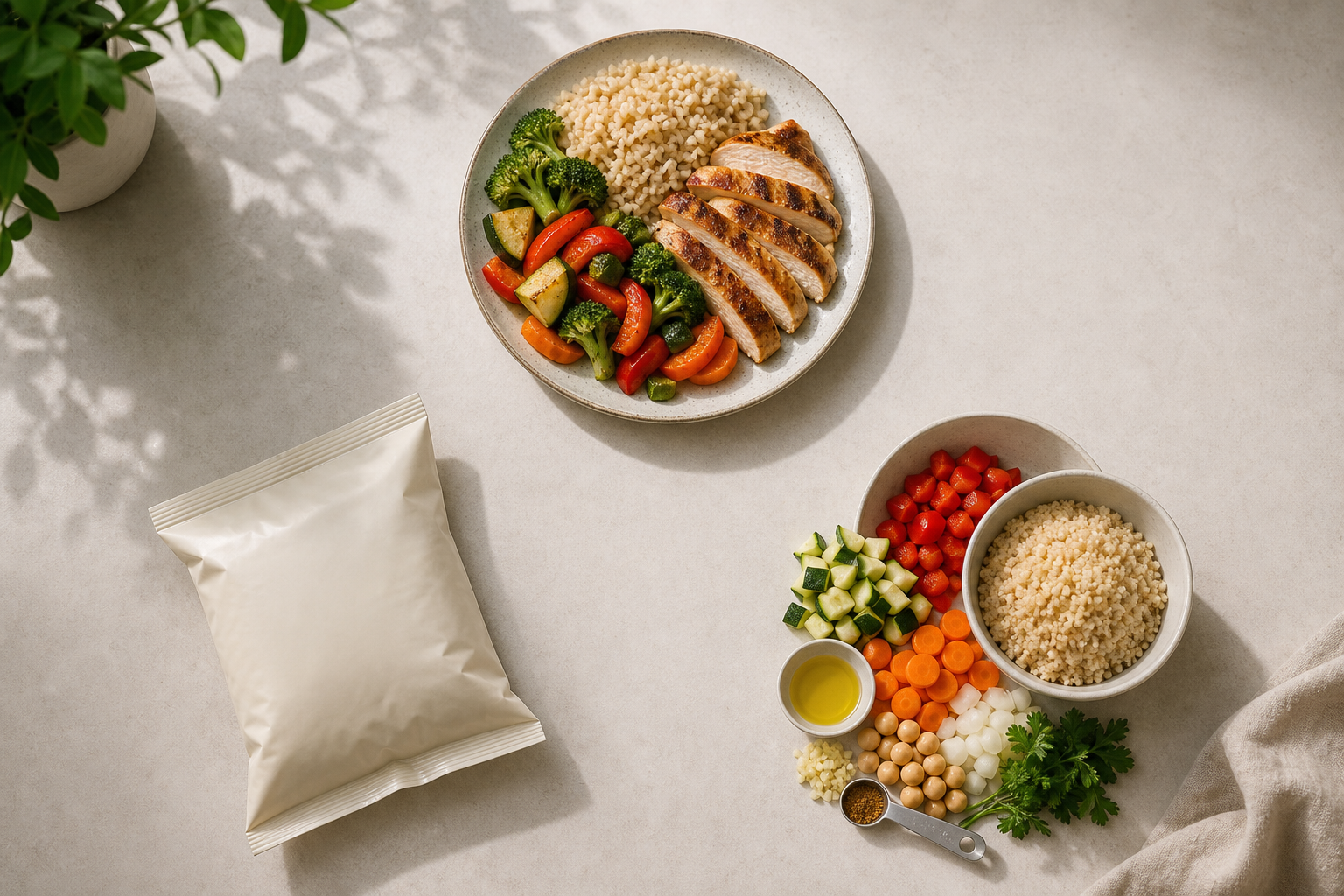 A mixed plated meal, an unbranded packaged food and grouped recipe ingredients arranged as three nutrition evidence paths on a kitchen table.