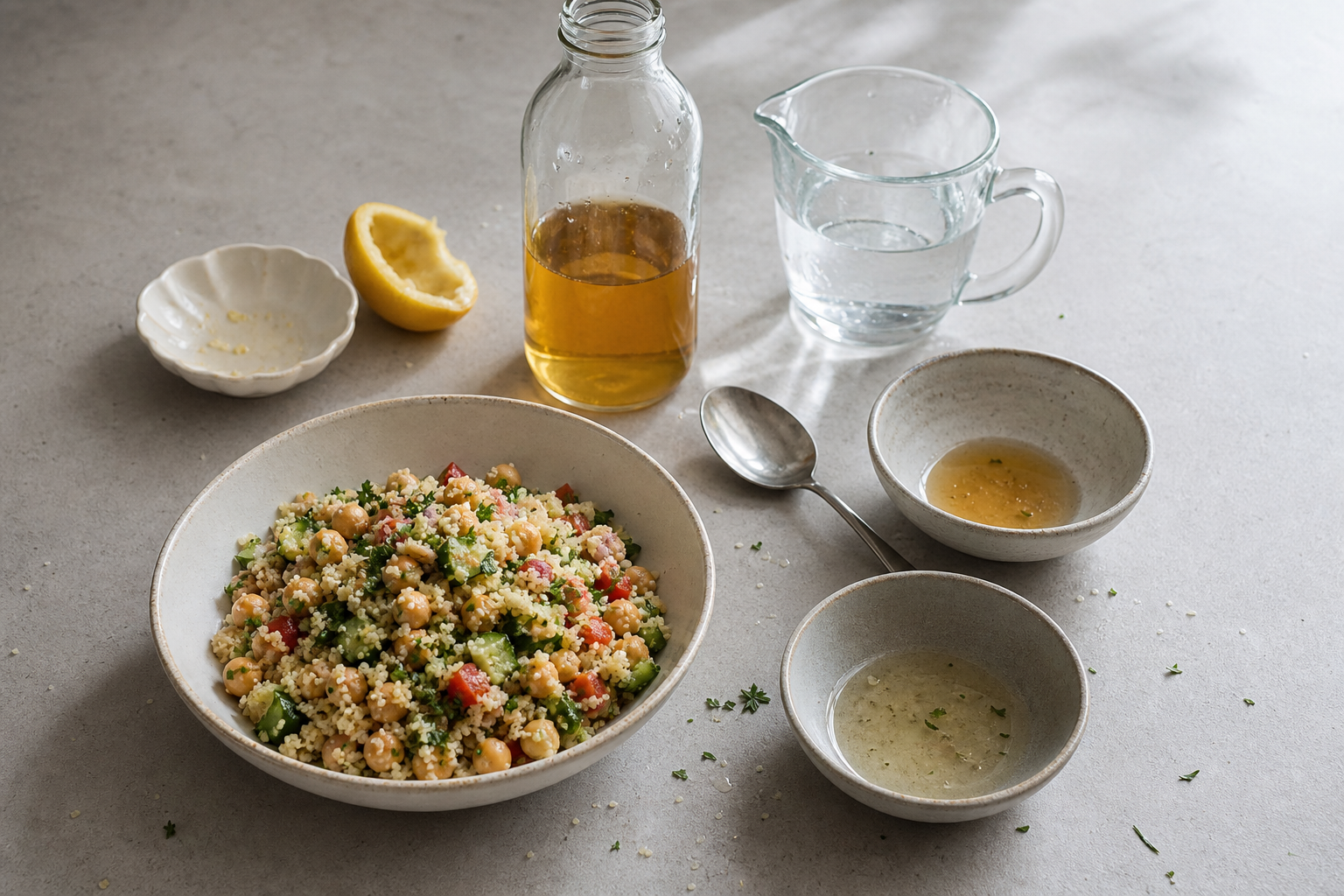 Single-serving chickpea couscous bowl with lemon, vinegar, water and measuring spoons arranged to show a role-based ingredient substitution.