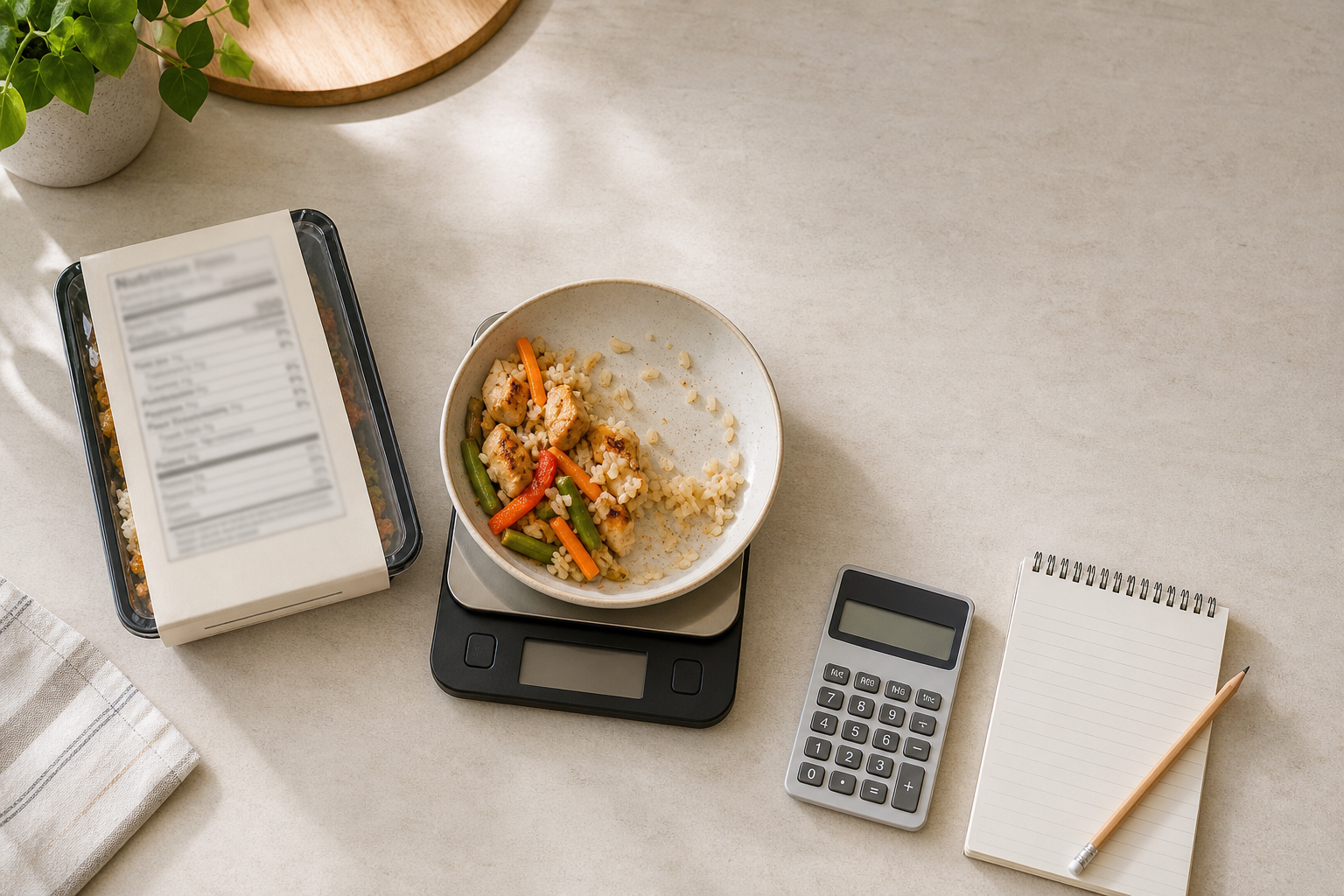 An unbranded nutrition label beside a weighed partial food portion, calculator and blank notepad.