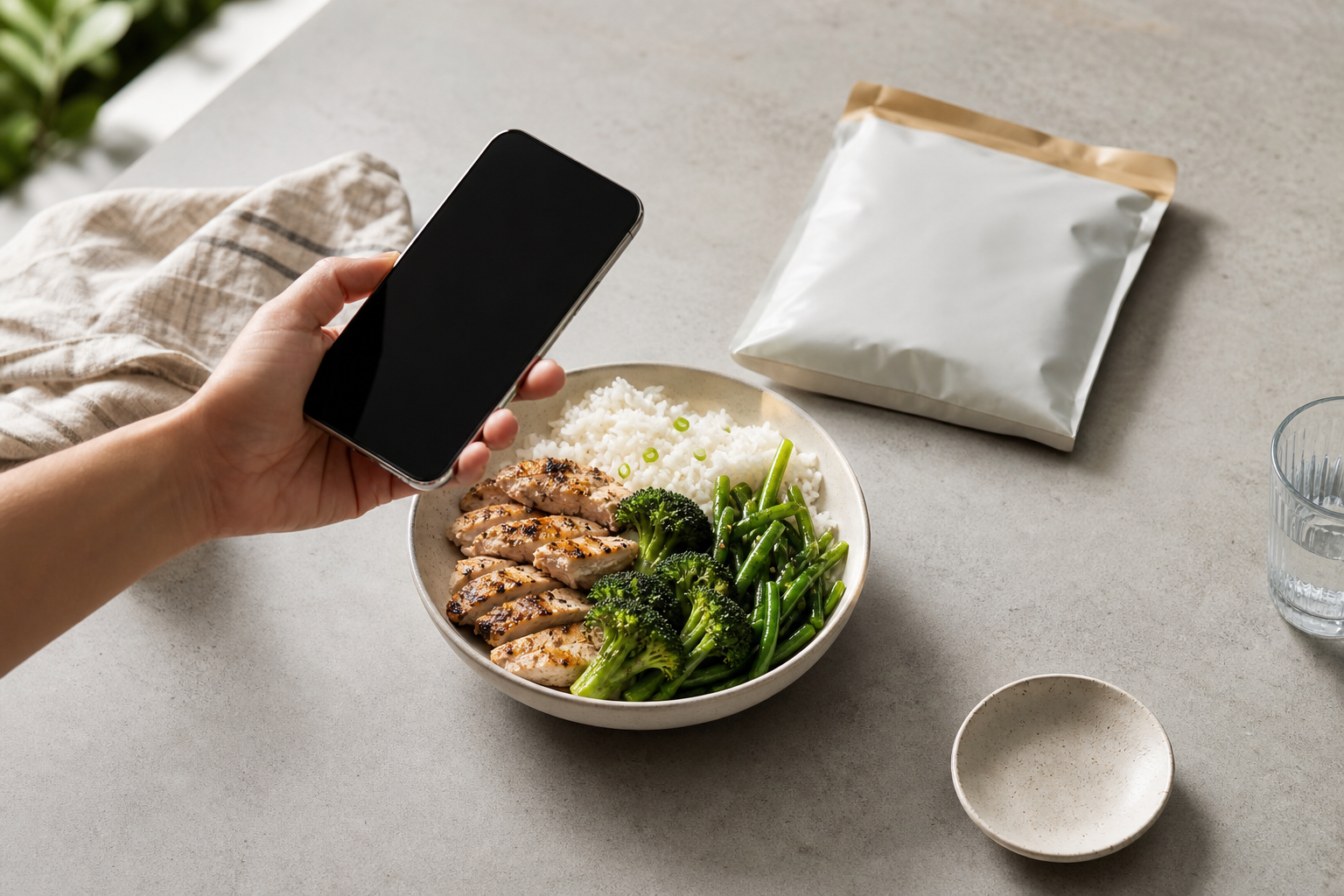 A smartphone photographs a chicken, rice and vegetable bowl in natural light for a repeat meal-scan comparison.