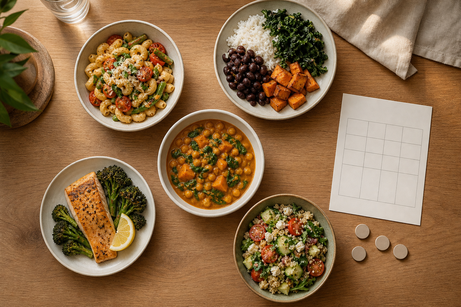 Five distinct one-person dinners arranged around a blank scorecard on a home kitchen table.