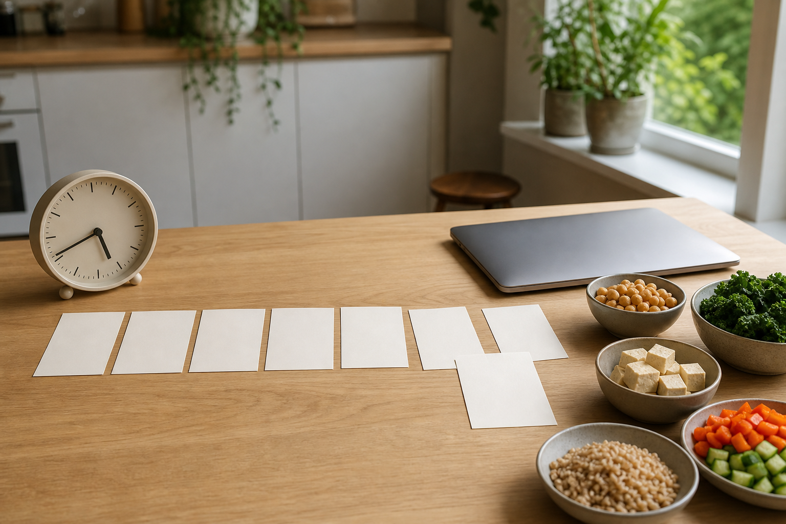 Overhead view of a weekly food plan being rearranged beside ingredients for a quick one-person dinner after a late meeting.