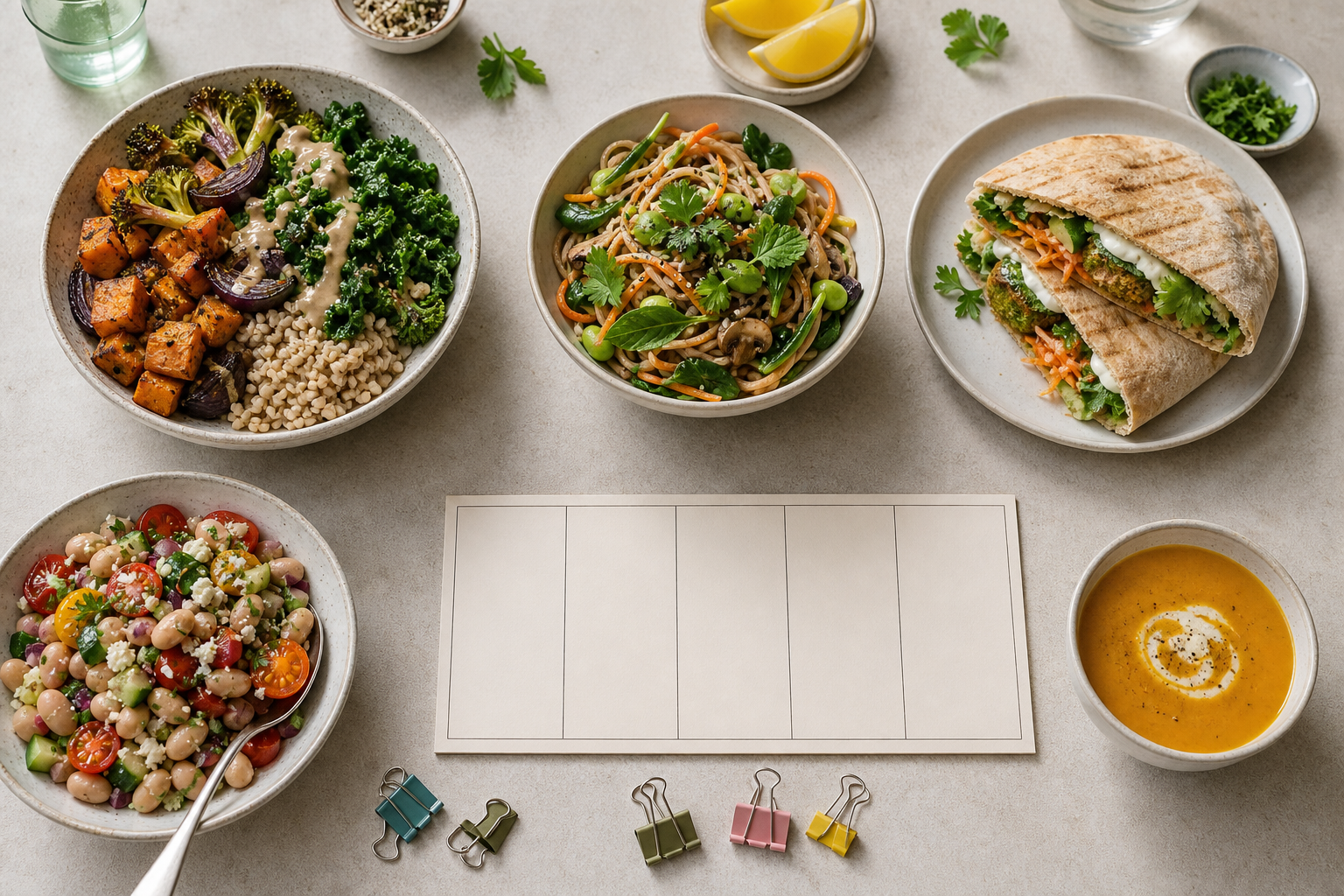 Overhead view of five varied single-serving lunches arranged beside a blank five-cell rotation grid and shared ingredients.