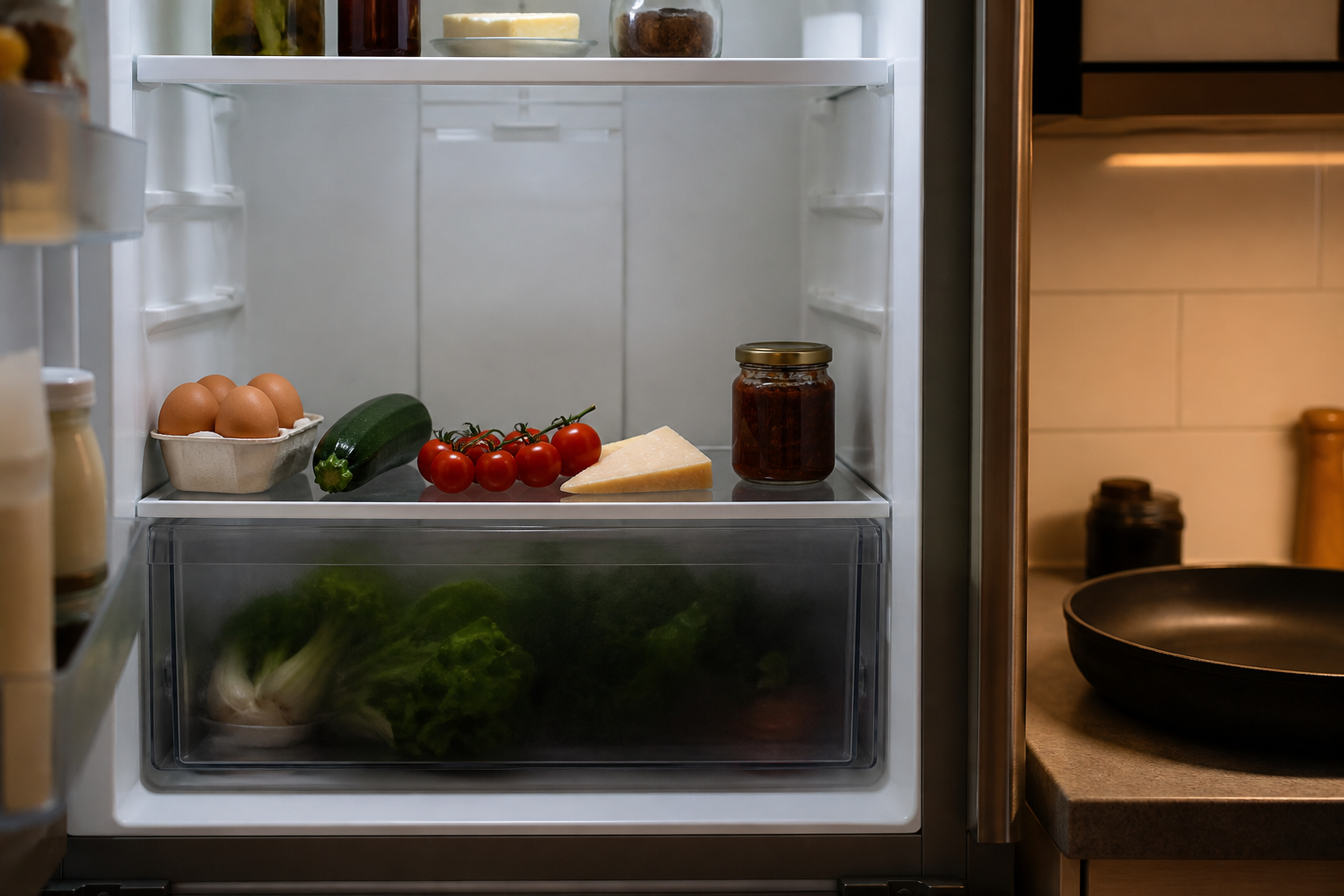 Open home fridge showing eggs, courgette, cherry tomatoes and cheese ready to be checked for a one-pan dinner.