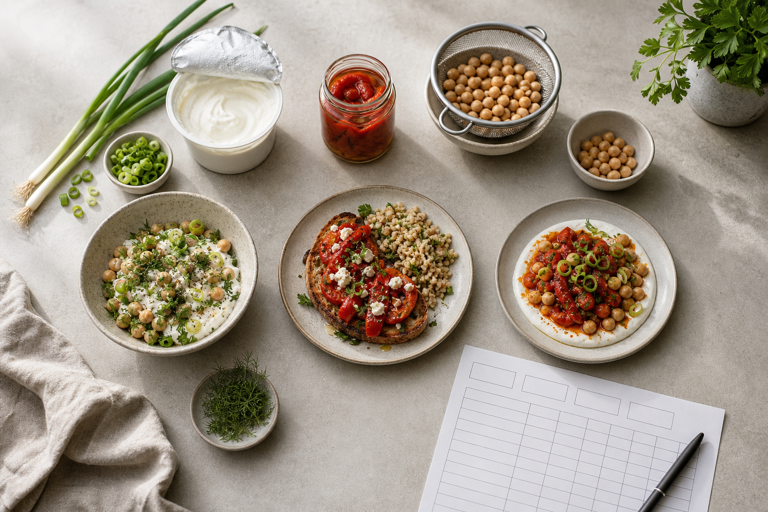 Three distinct single-serving dinners arranged with opened ingredients and measured portions for a one-person carryover plan